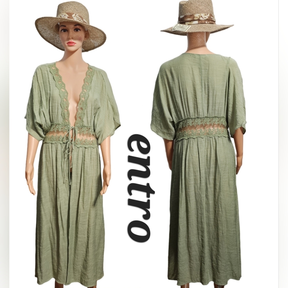 Entro Coachella Green Cover Up Boho Cardigan Beachwear Sz L
